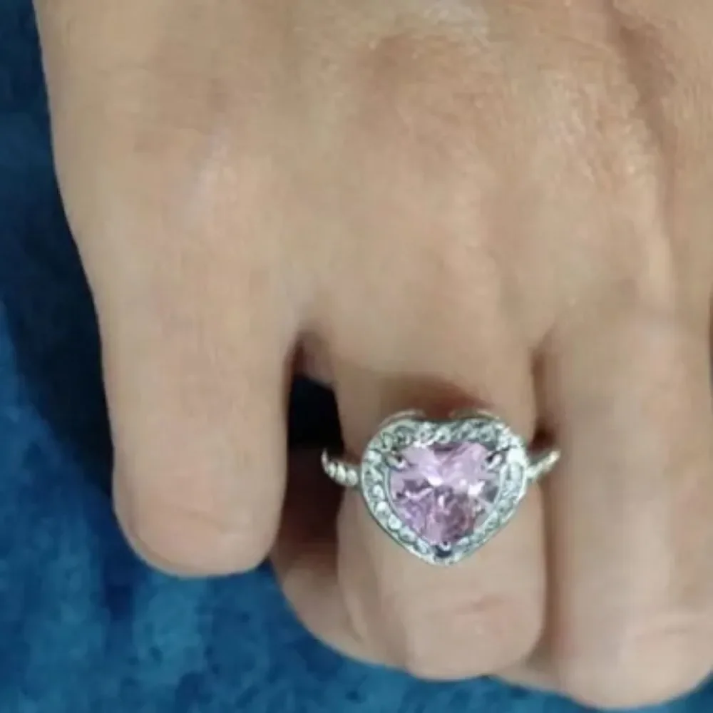 Ladies Pink Lab Created Diamond Trendy heart promise ring sz 7